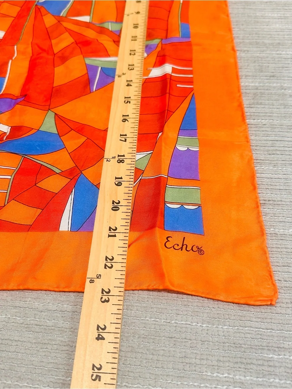 Vintage Echo Silk Scarf Orange Geometric Abstract Square Neck Head Wrap 23x23”